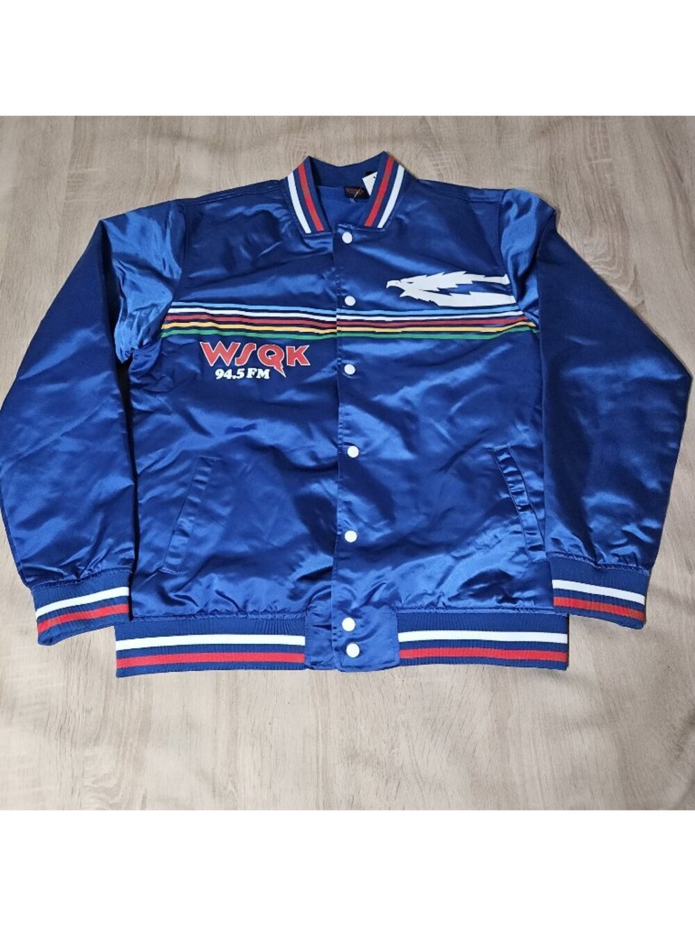 Stranger Things WSQK Satin Bomber Jacket Men's M Blue Lightweight Snap Front